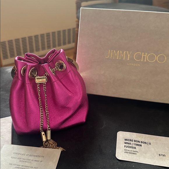 Jimmy Choo Fuchsia Metallic Mini Drawstring Bucket Bag - Picture 3 of 9